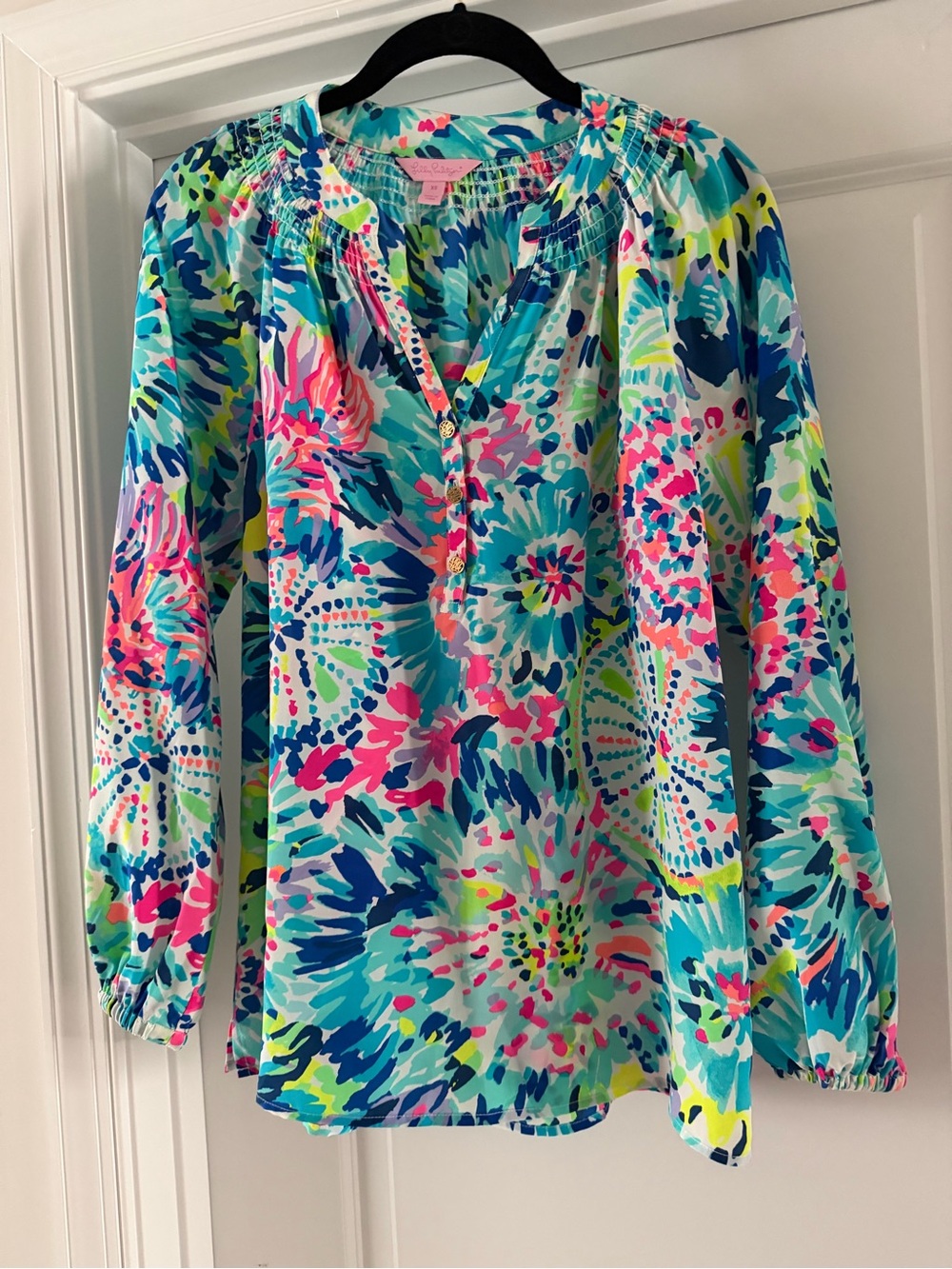 Lilly Pulitzer Turquoise Multi Floral Long-Sleeve Silk Blouse